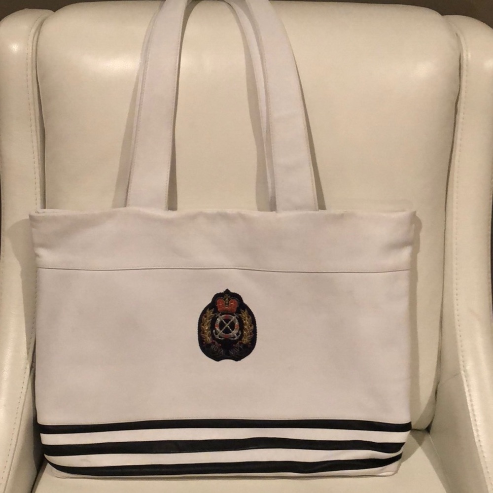 Neiman Marcus White Leather Large Tote “Royal Navy